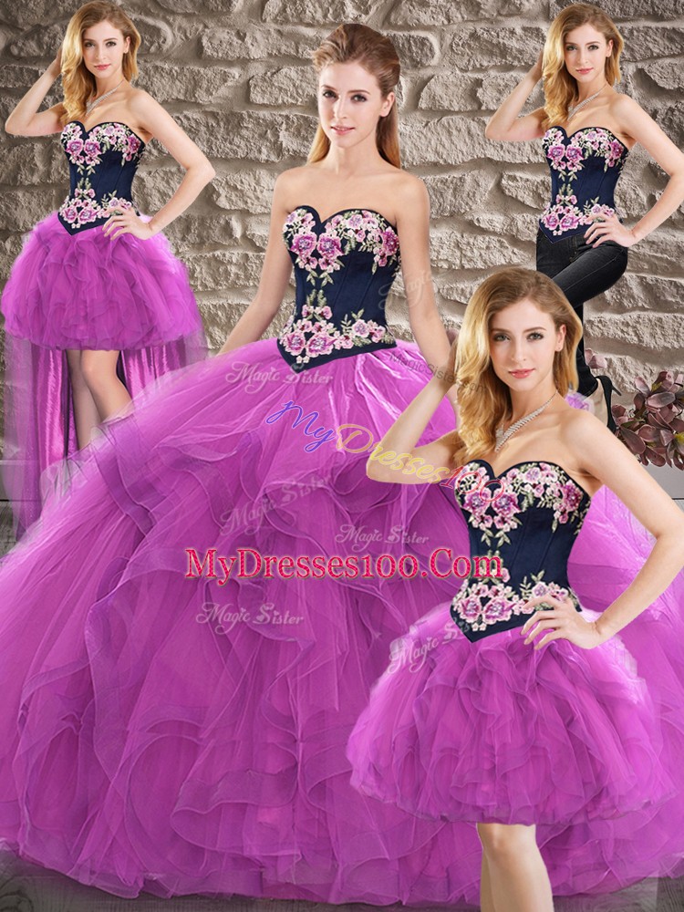 Sleeveless Floor Length Beading and Embroidery Lace Up Quinceanera Gowns with Purple