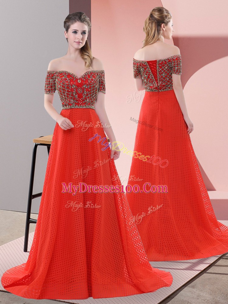 Red A-line Beading and Lace Evening Party Dresses Lace Up Short Sleeves