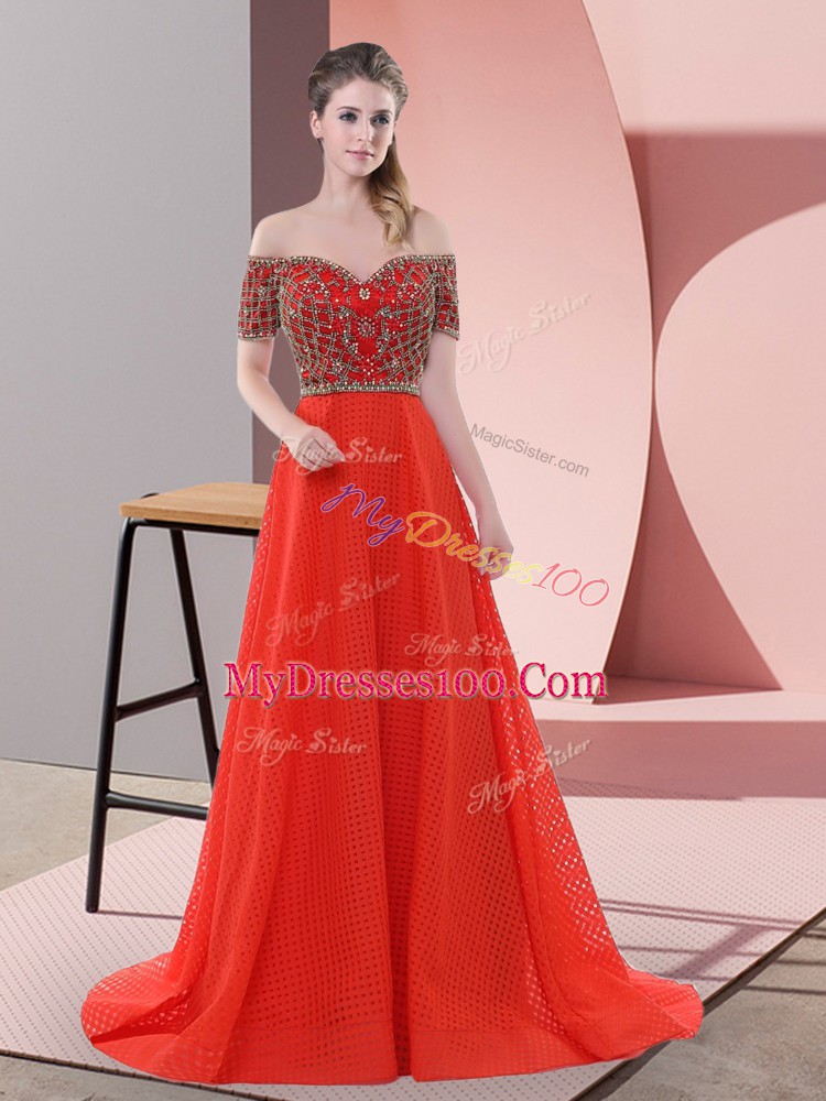 Red A-line Beading and Lace Evening Party Dresses Lace Up Short Sleeves