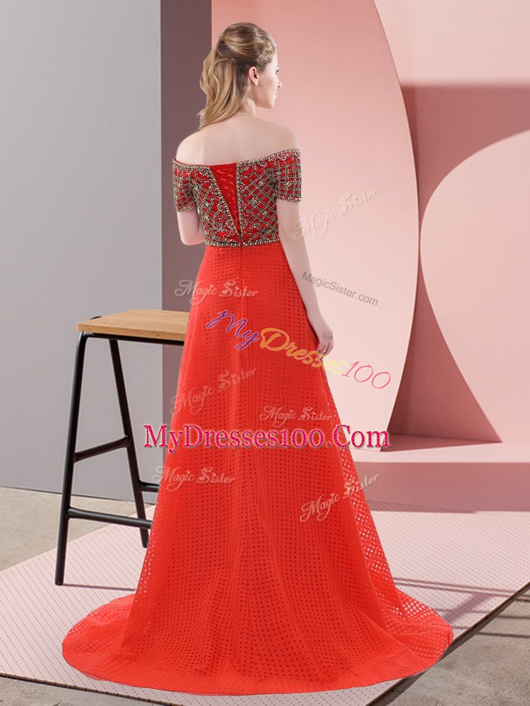 Red A-line Beading and Lace Evening Party Dresses Lace Up Short Sleeves