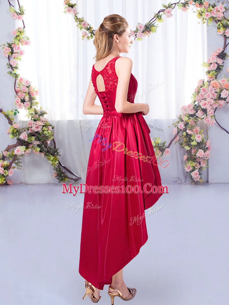 Modest Red Bridesmaid Dress Prom and Party and Wedding Party with Appliques Scoop Sleeveless Lace Up