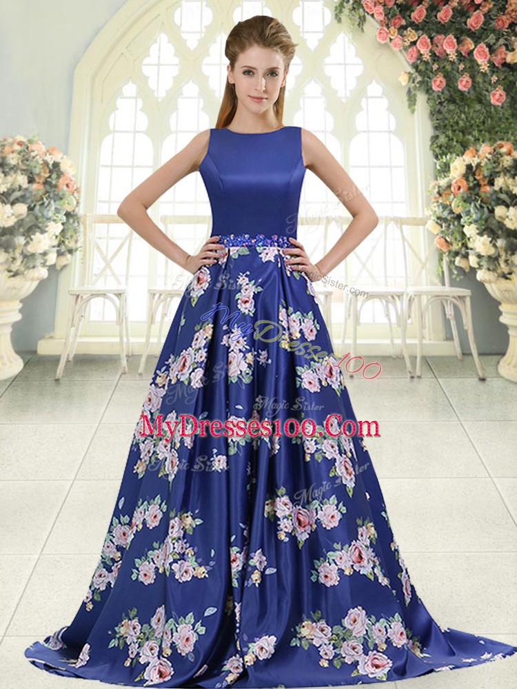 Scoop Sleeveless Prom Dresses Brush Train Beading and Pattern Royal Blue Printed