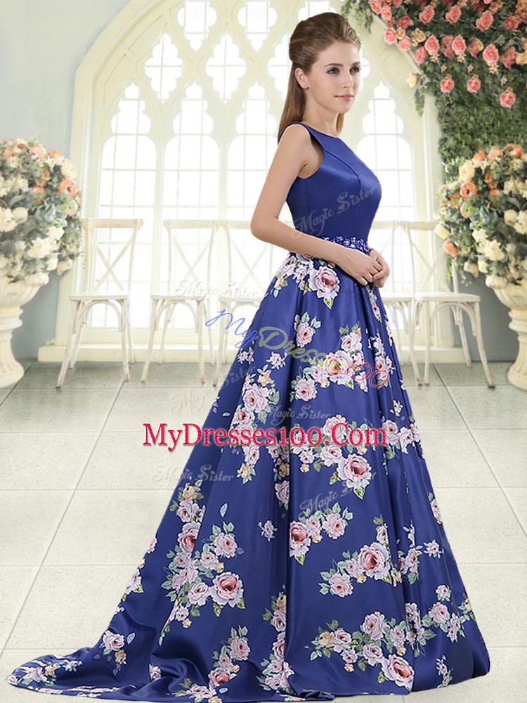 Scoop Sleeveless Prom Dresses Brush Train Beading and Pattern Royal Blue Printed