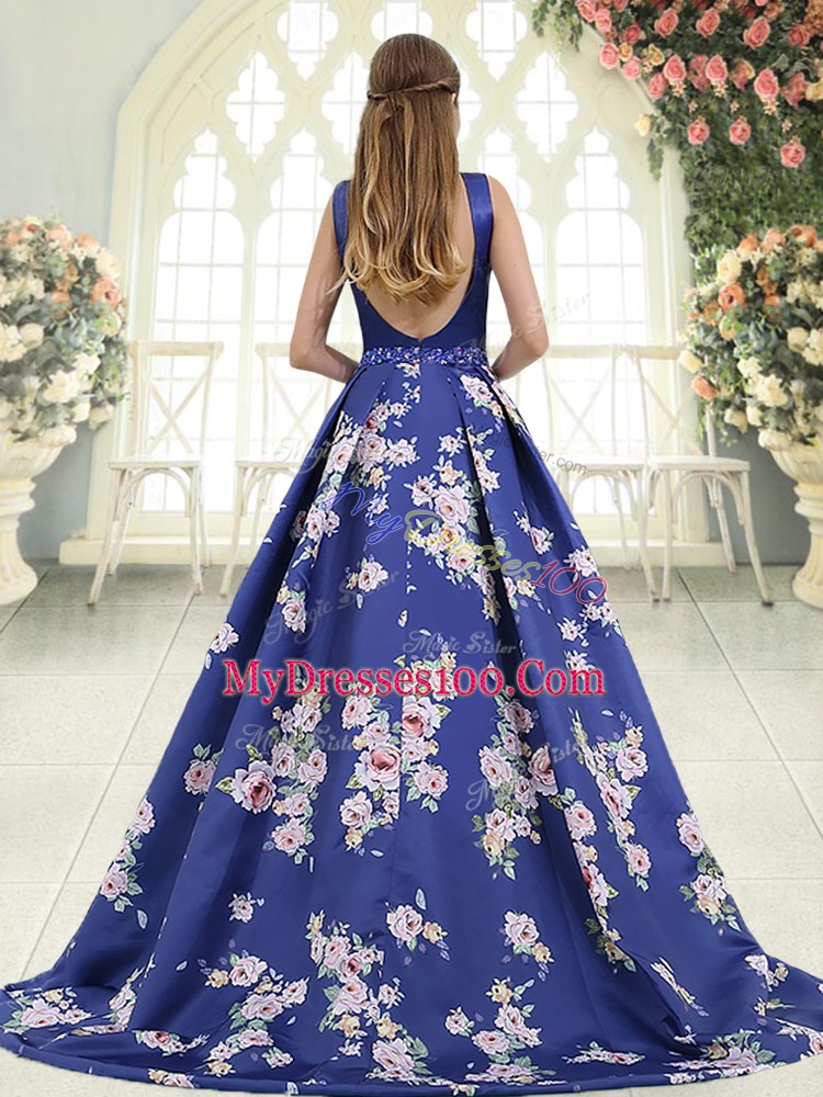 Scoop Sleeveless Prom Dresses Brush Train Beading and Pattern Royal Blue Printed