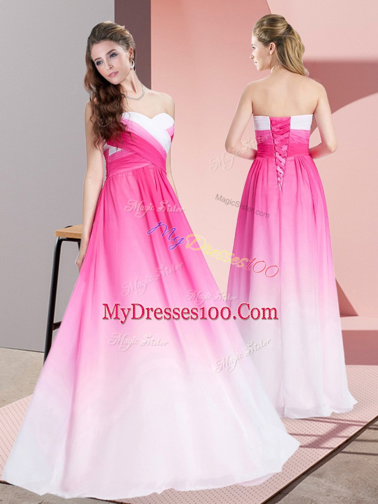 Exceptional Sweetheart Sleeveless Dress for Prom Floor Length Ruching Pink And White Chiffon