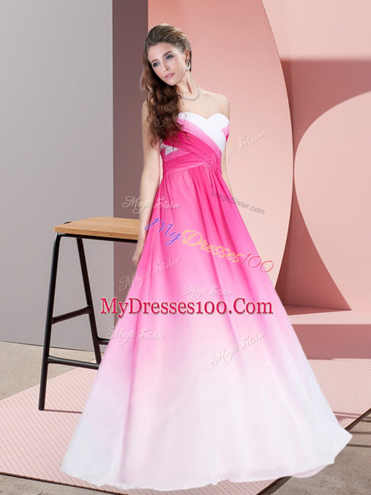 Exceptional Sweetheart Sleeveless Dress for Prom Floor Length Ruching Pink And White Chiffon