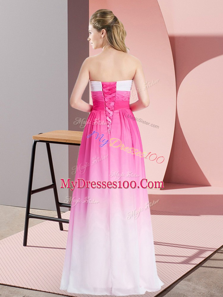 Exceptional Sweetheart Sleeveless Dress for Prom Floor Length Ruching Pink And White Chiffon
