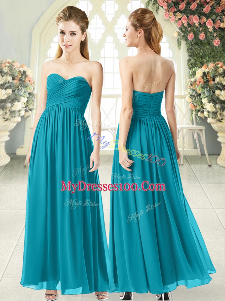 Hot Selling Teal Empire Chiffon Sweetheart Sleeveless Ruching Ankle Length Zipper Prom Evening Gown
