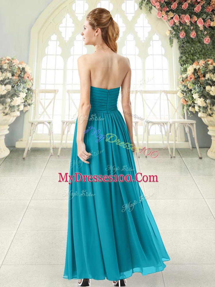 Hot Selling Teal Empire Chiffon Sweetheart Sleeveless Ruching Ankle Length Zipper Prom Evening Gown