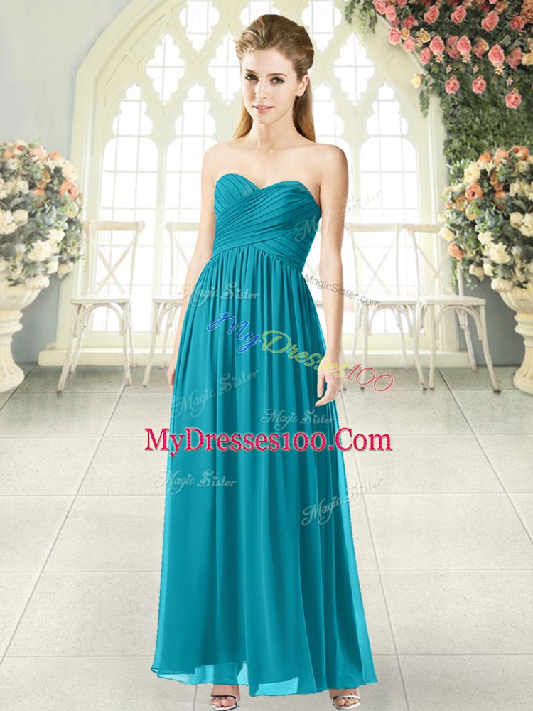 Hot Selling Teal Empire Chiffon Sweetheart Sleeveless Ruching Ankle Length Zipper Prom Evening Gown