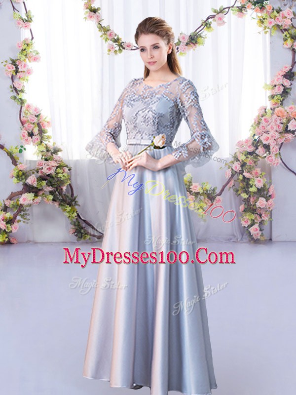 Scoop 3 4 Length Sleeve Satin Bridesmaids Dress Lace Lace Up