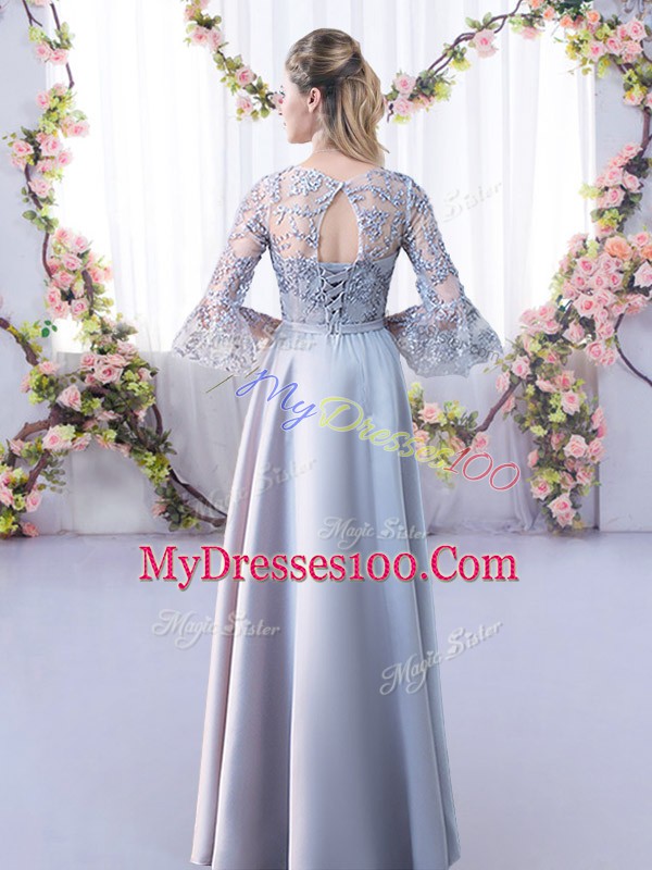 Scoop 3 4 Length Sleeve Satin Bridesmaids Dress Lace Lace Up