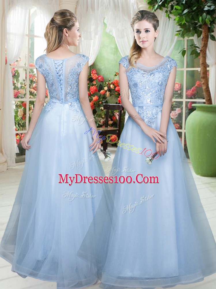 Beautiful Floor Length Light Blue Prom Gown Scoop Cap Sleeves Lace Up