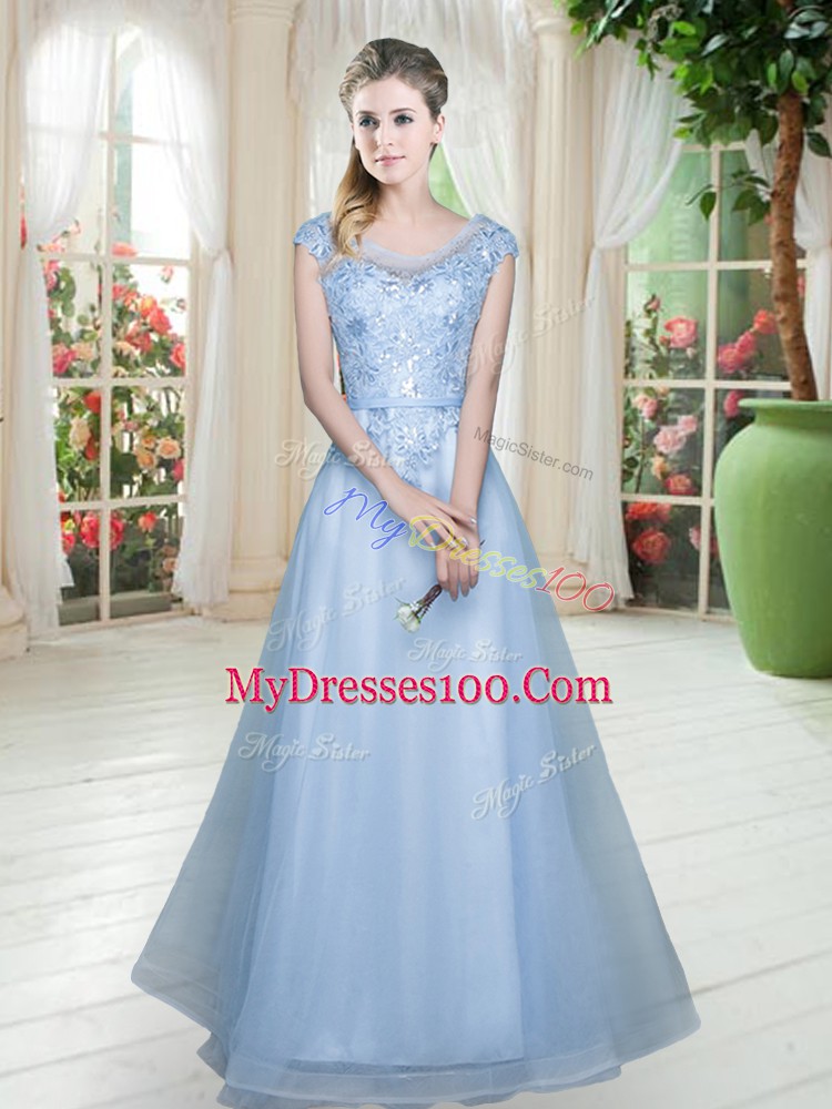 Beautiful Floor Length Light Blue Prom Gown Scoop Cap Sleeves Lace Up
