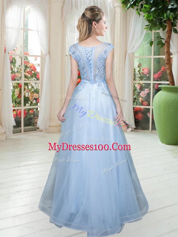 Beautiful Floor Length Light Blue Prom Gown Scoop Cap Sleeves Lace Up