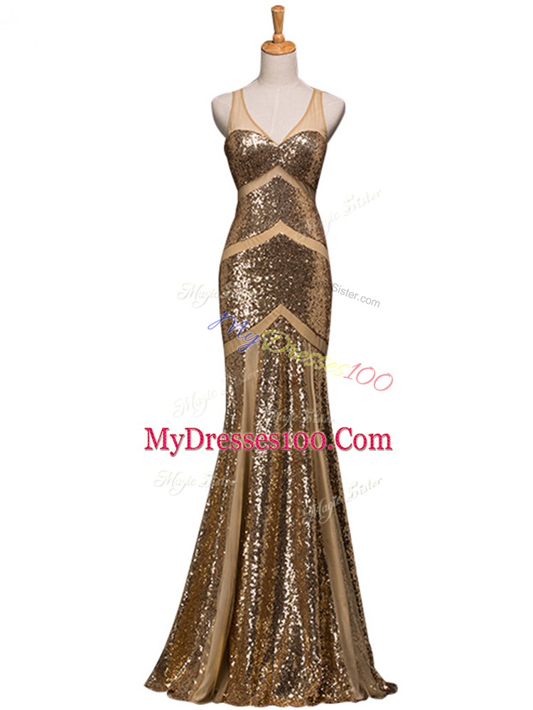 Sophisticated Brown V-neck Backless Ruching Prom Evening Gown Sweep Train Sleeveless