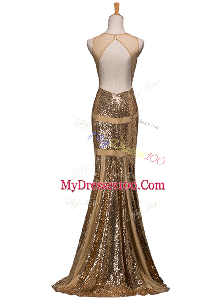 Sophisticated Brown V-neck Backless Ruching Prom Evening Gown Sweep Train Sleeveless