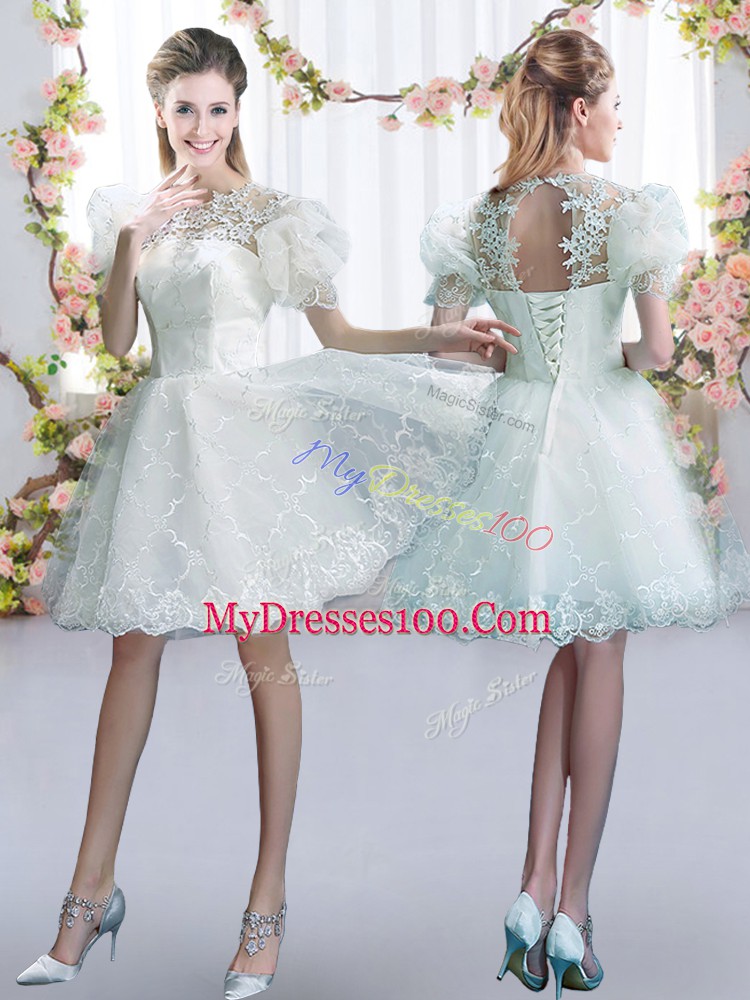 Modest Mini Length A-line Short Sleeves White Bridesmaid Dress Lace Up
