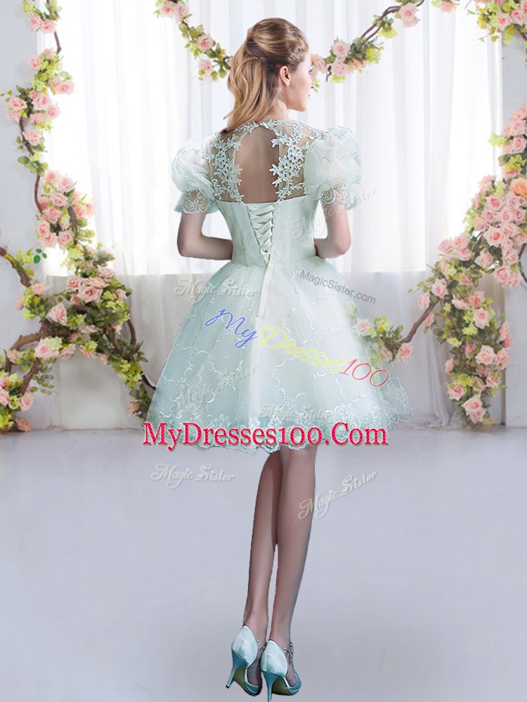 Modest Mini Length A-line Short Sleeves White Bridesmaid Dress Lace Up
