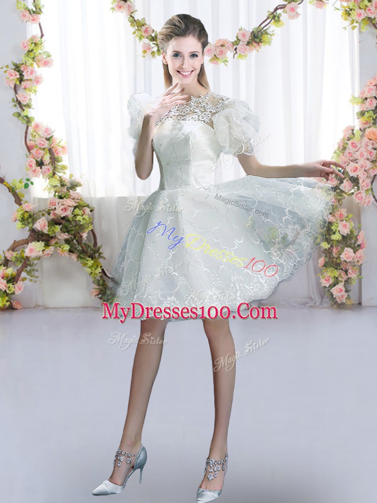 Modest Mini Length A-line Short Sleeves White Bridesmaid Dress Lace Up