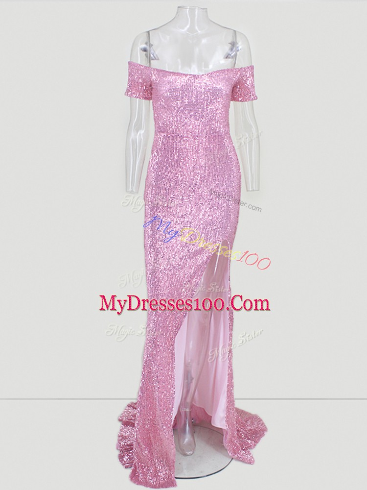 Pink Short Sleeves Sequins Zipper