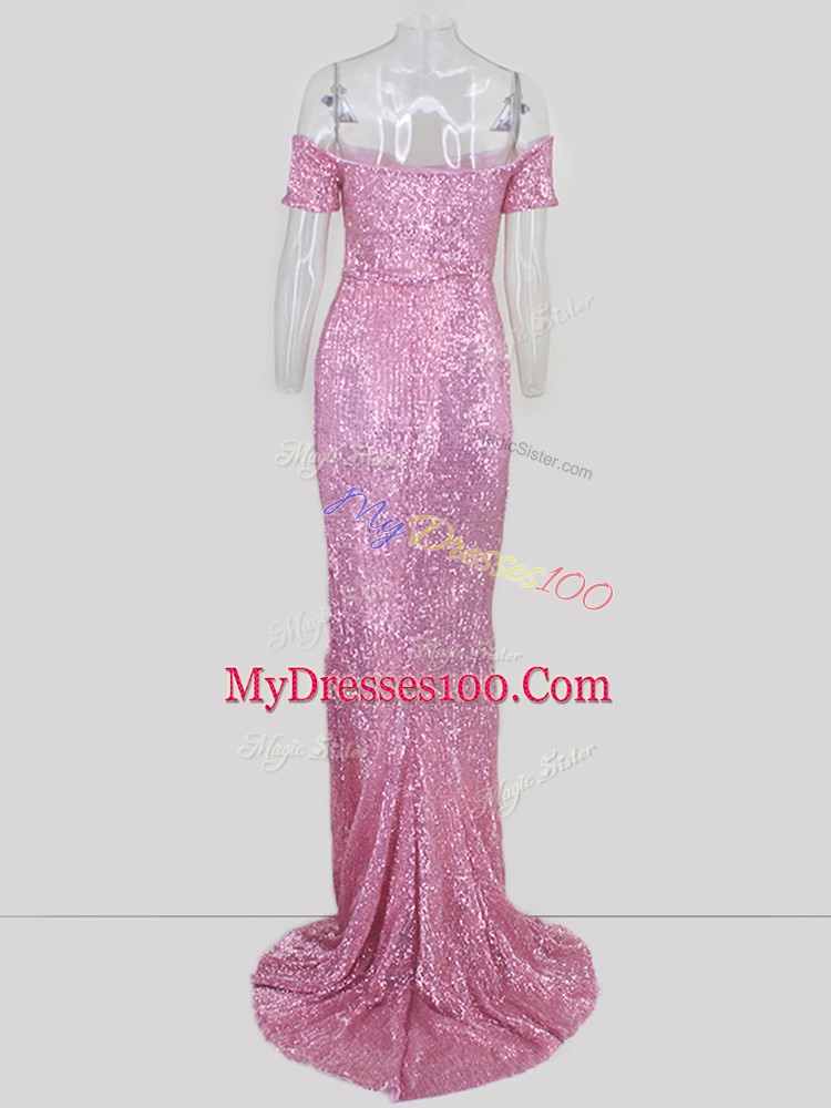 Pink Short Sleeves Sequins Zipper