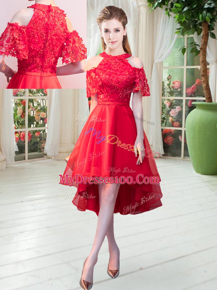 Red Zipper Evening Dresses Lace Short Sleeves High Low