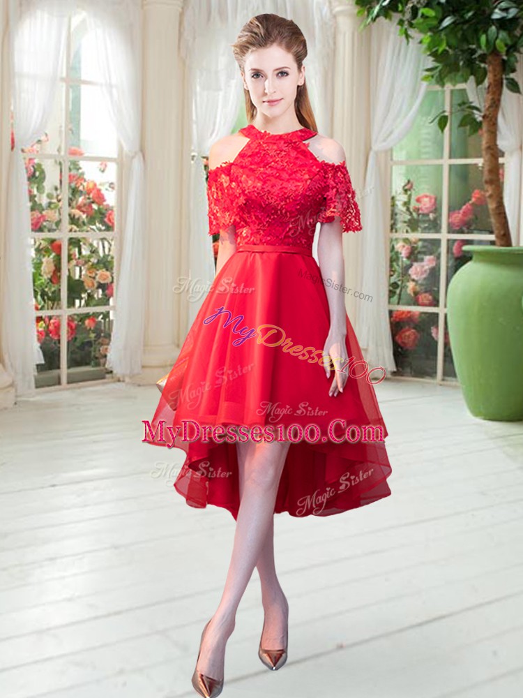Red Zipper Evening Dresses Lace Short Sleeves High Low