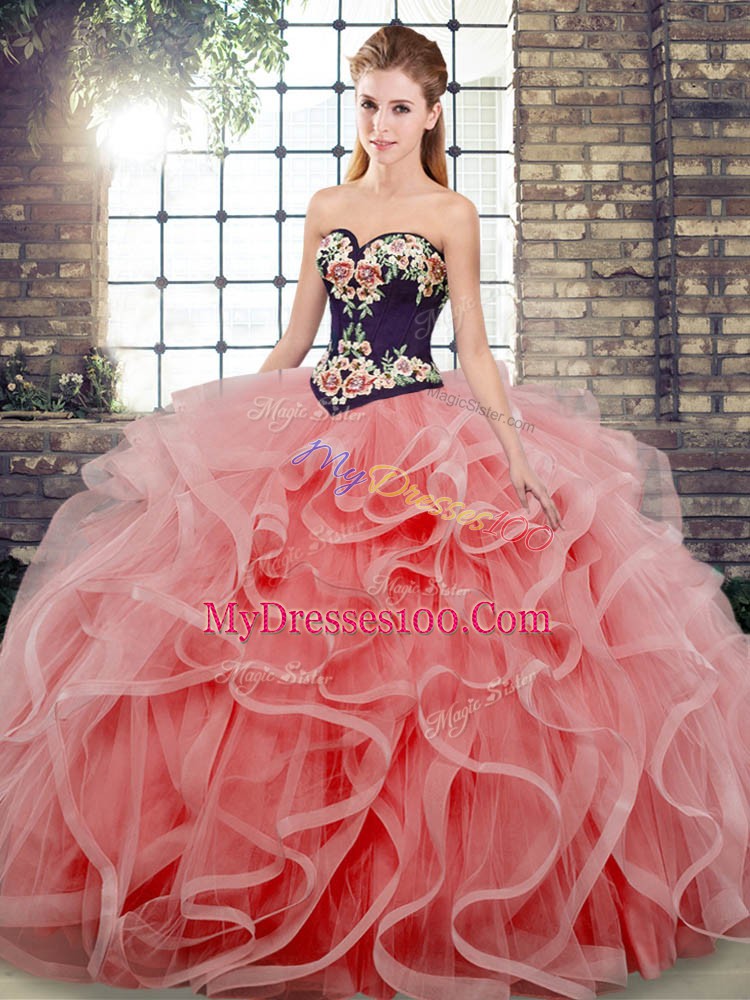 Custom Made Watermelon Red Lace Up Sweetheart Embroidery and Ruffles Quinceanera Gown Tulle Sleeveless Sweep Train
