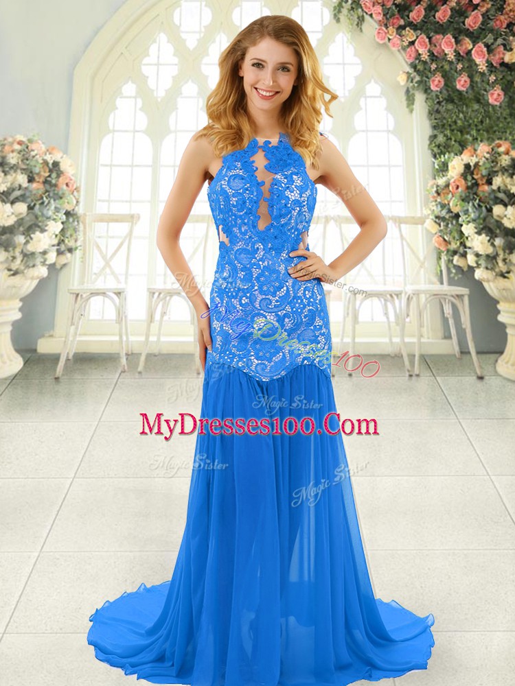 Colorful Blue Chiffon Backless Scoop Sleeveless Evening Wear Brush Train Lace