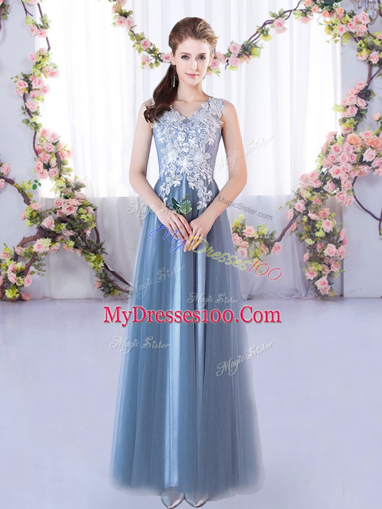 Blue A-line Tulle V-neck Sleeveless Lace Floor Length Lace Up Damas Dress