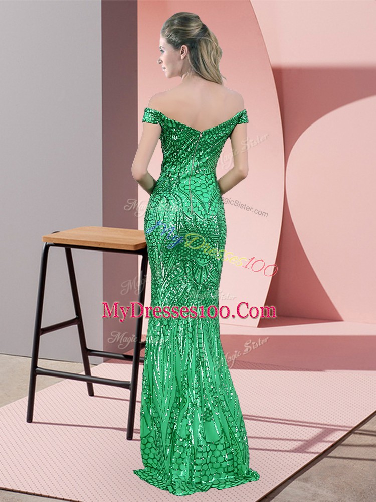 Modest Green Off The Shoulder Neckline Ruching Sleeveless Zipper