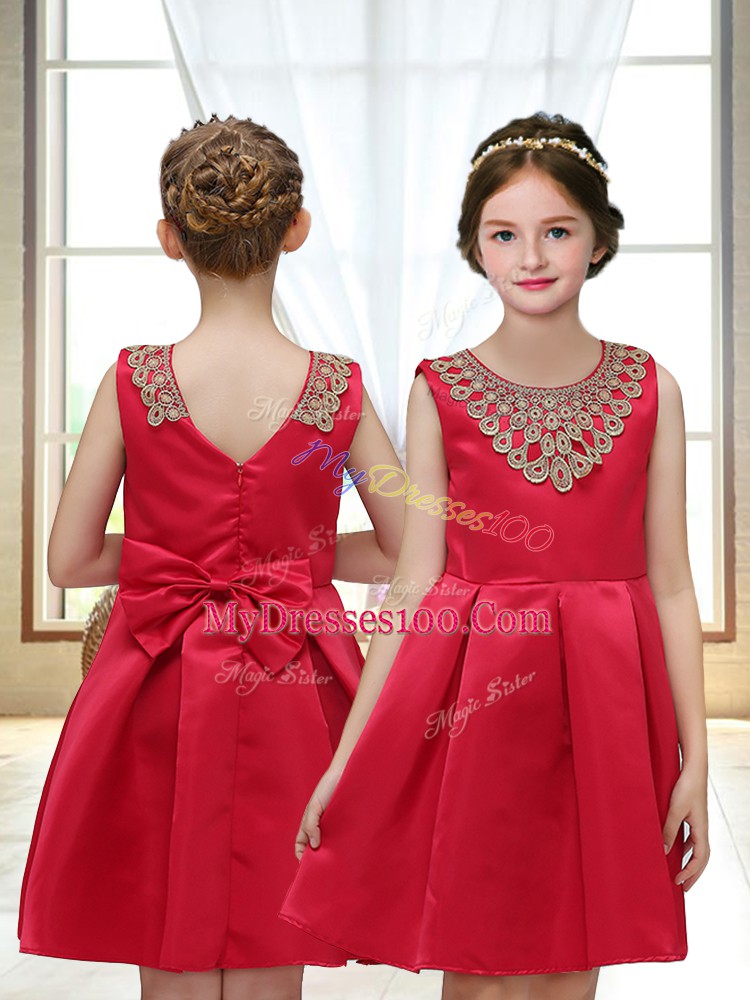 Elegant Red Satin Zipper Flower Girl Dresses for Less Sleeveless Mini Length Appliques
