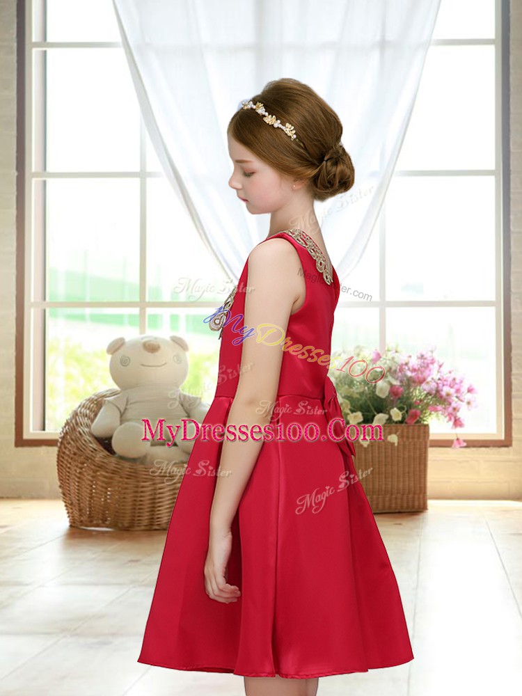 Elegant Red Satin Zipper Flower Girl Dresses for Less Sleeveless Mini Length Appliques