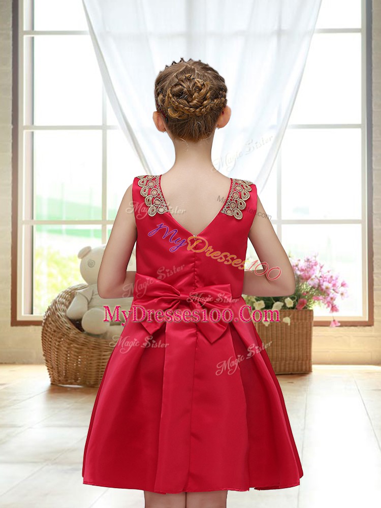 Elegant Red Satin Zipper Flower Girl Dresses for Less Sleeveless Mini Length Appliques
