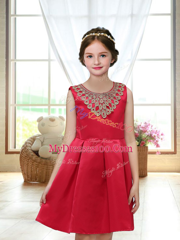 Elegant Red Satin Zipper Flower Girl Dresses for Less Sleeveless Mini Length Appliques