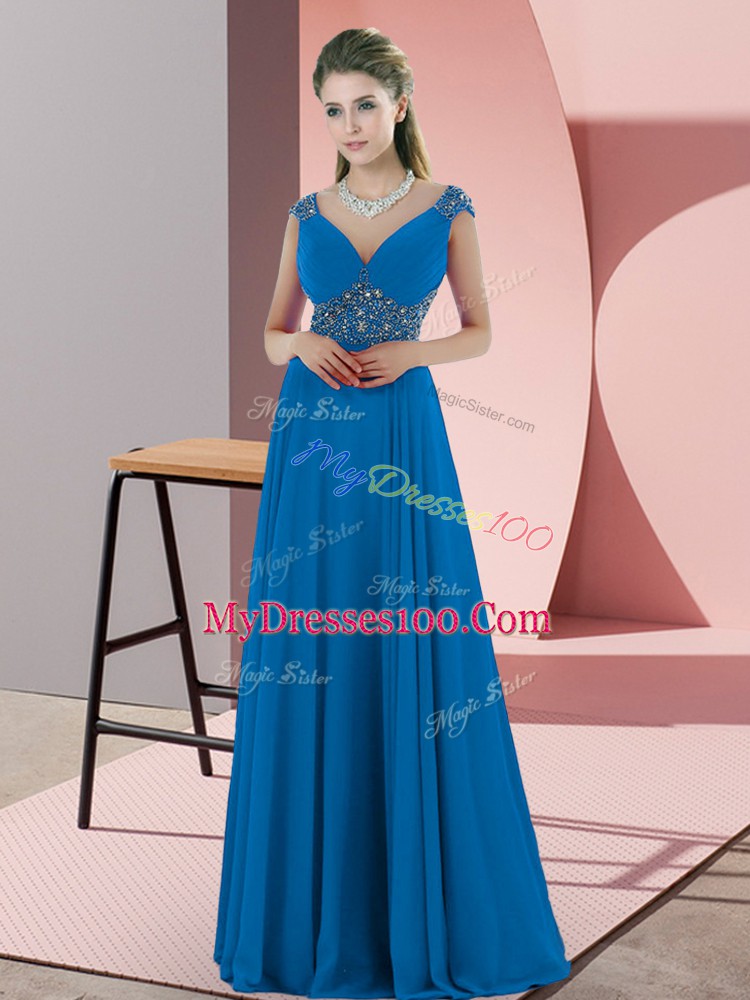 On Sale Blue Satin Backless V-neck Sleeveless Dress for Prom Sweep Train Beading