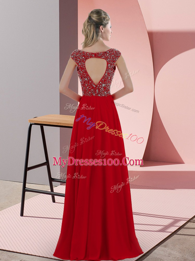 On Sale Blue Satin Backless V-neck Sleeveless Dress for Prom Sweep Train Beading