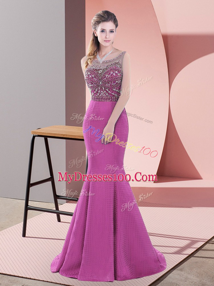 Scoop Sleeveless Homecoming Dress Sweep Train Beading Purple Satin