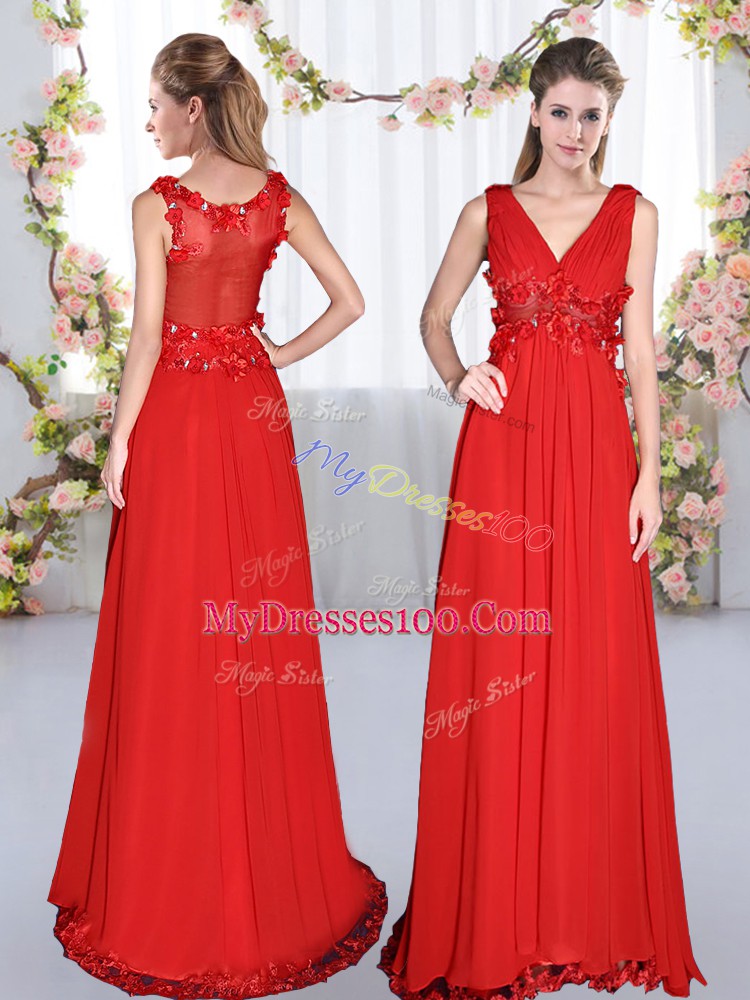 New Arrival Chiffon V-neck Sleeveless Side Zipper Beading and Appliques Bridesmaid Dresses in Red