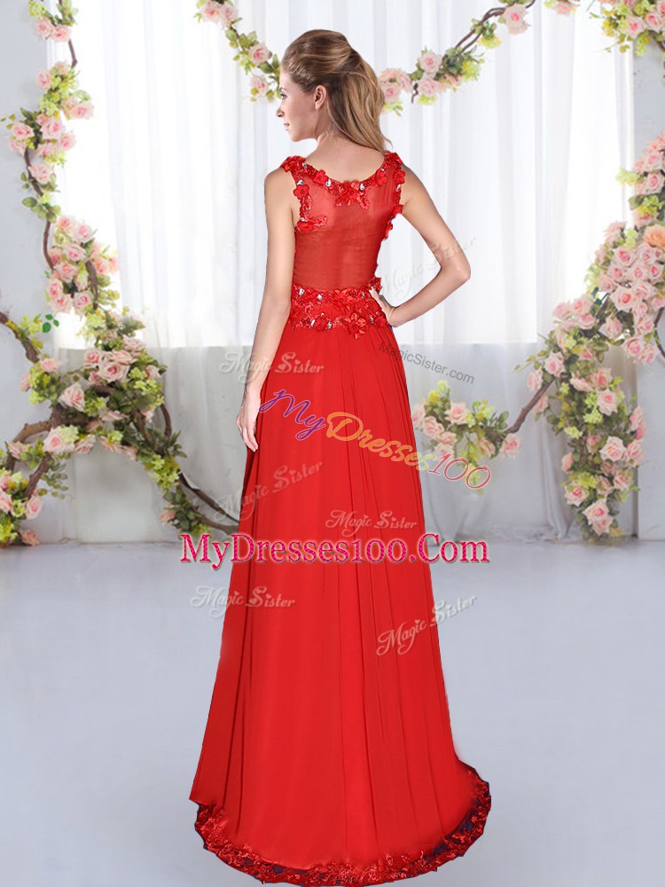 New Arrival Chiffon V-neck Sleeveless Side Zipper Beading and Appliques Bridesmaid Dresses in Red