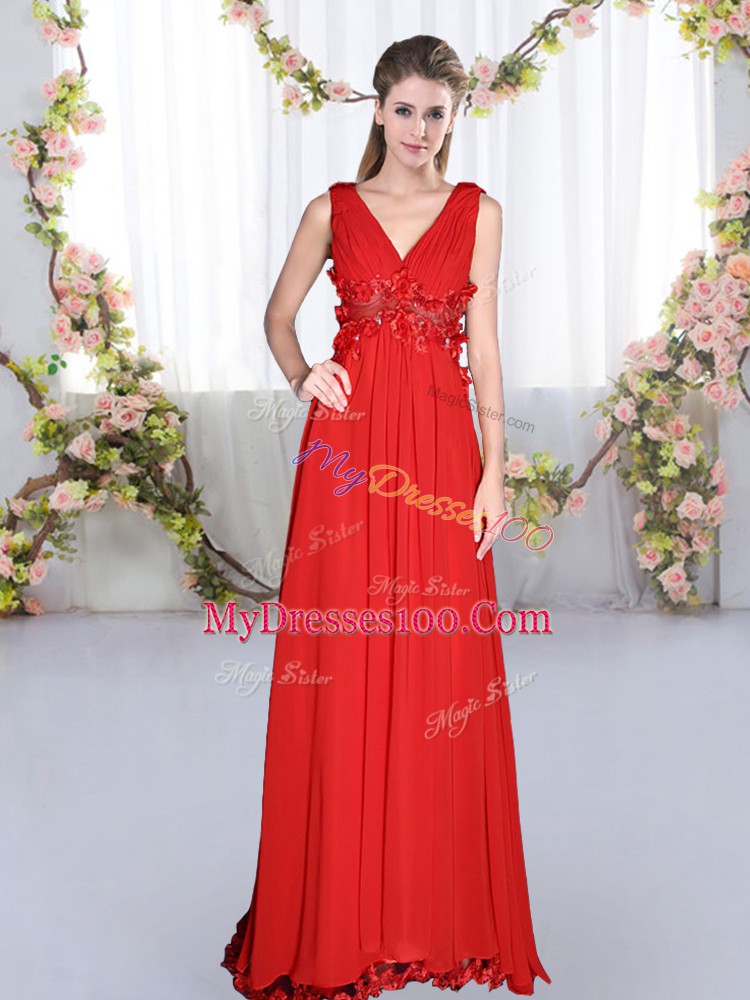 New Arrival Chiffon V-neck Sleeveless Side Zipper Beading and Appliques Bridesmaid Dresses in Red