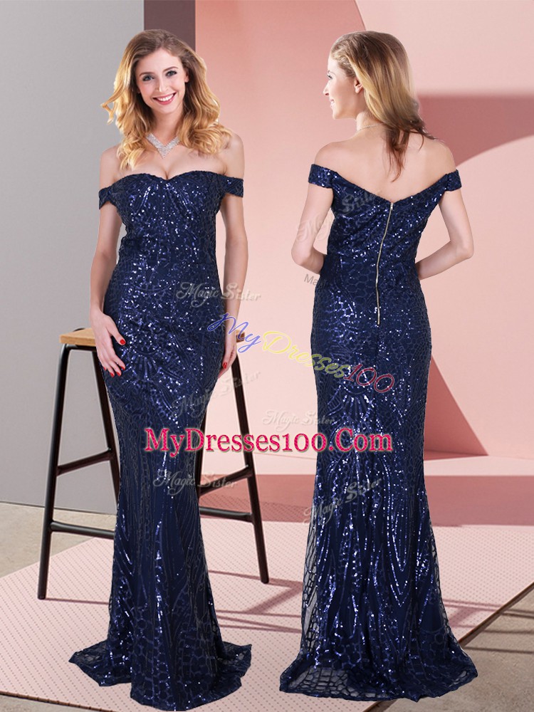 Off The Shoulder Sleeveless Zipper Prom Dresses Navy Blue Sequined