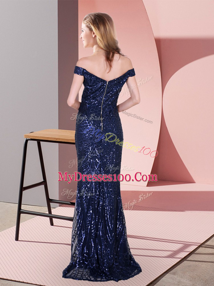Off The Shoulder Sleeveless Zipper Prom Dresses Navy Blue Sequined