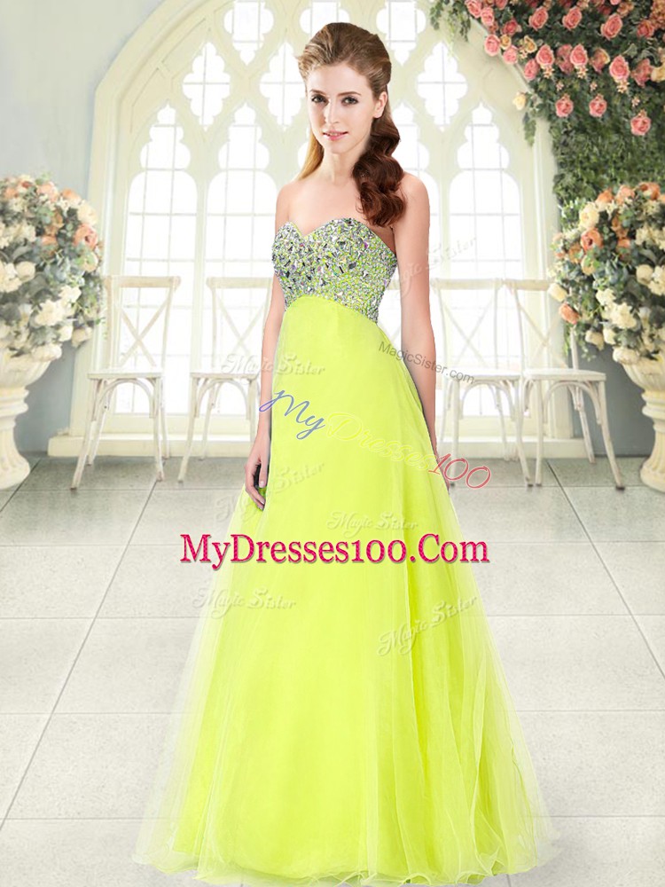 Sumptuous Yellow Green Sleeveless Beading Floor Length Prom Dress