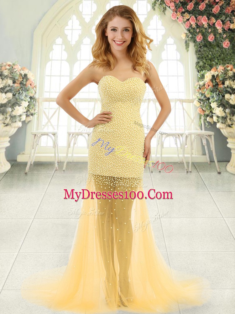Hot Selling Gold Zipper Prom Dress Beading Sleeveless Brush Train