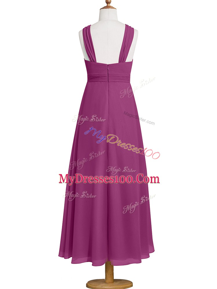 Fuchsia Chiffon Zipper Straps Sleeveless Tea Length Prom Gown Ruching