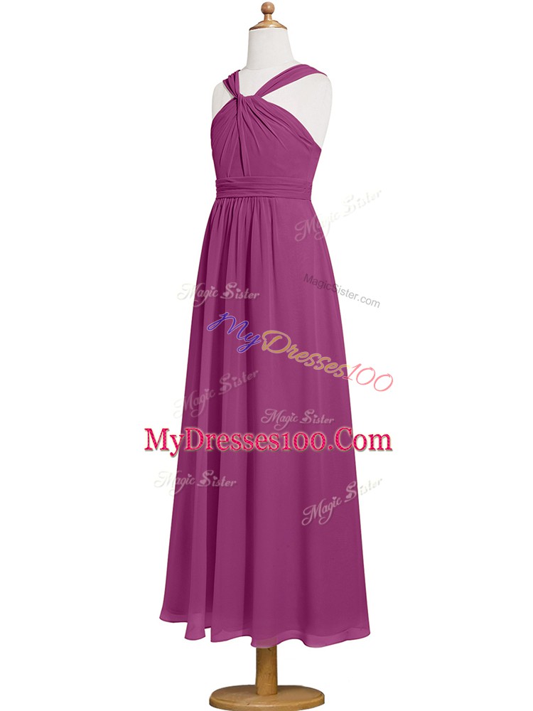 Fuchsia Chiffon Zipper Straps Sleeveless Tea Length Prom Gown Ruching