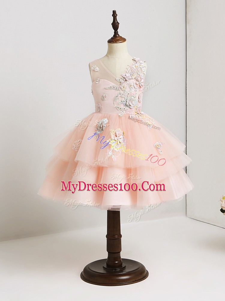 Tulle V-neck Sleeveless Zipper Appliques Flower Girl Dresses in Pink