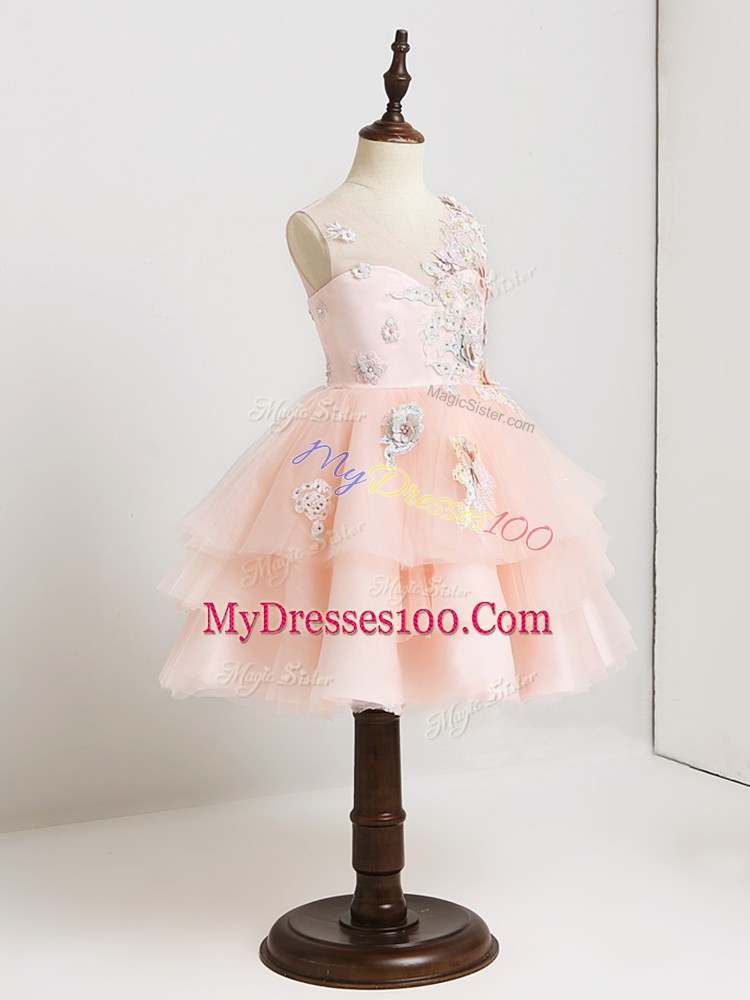 Tulle V-neck Sleeveless Zipper Appliques Flower Girl Dresses in Pink